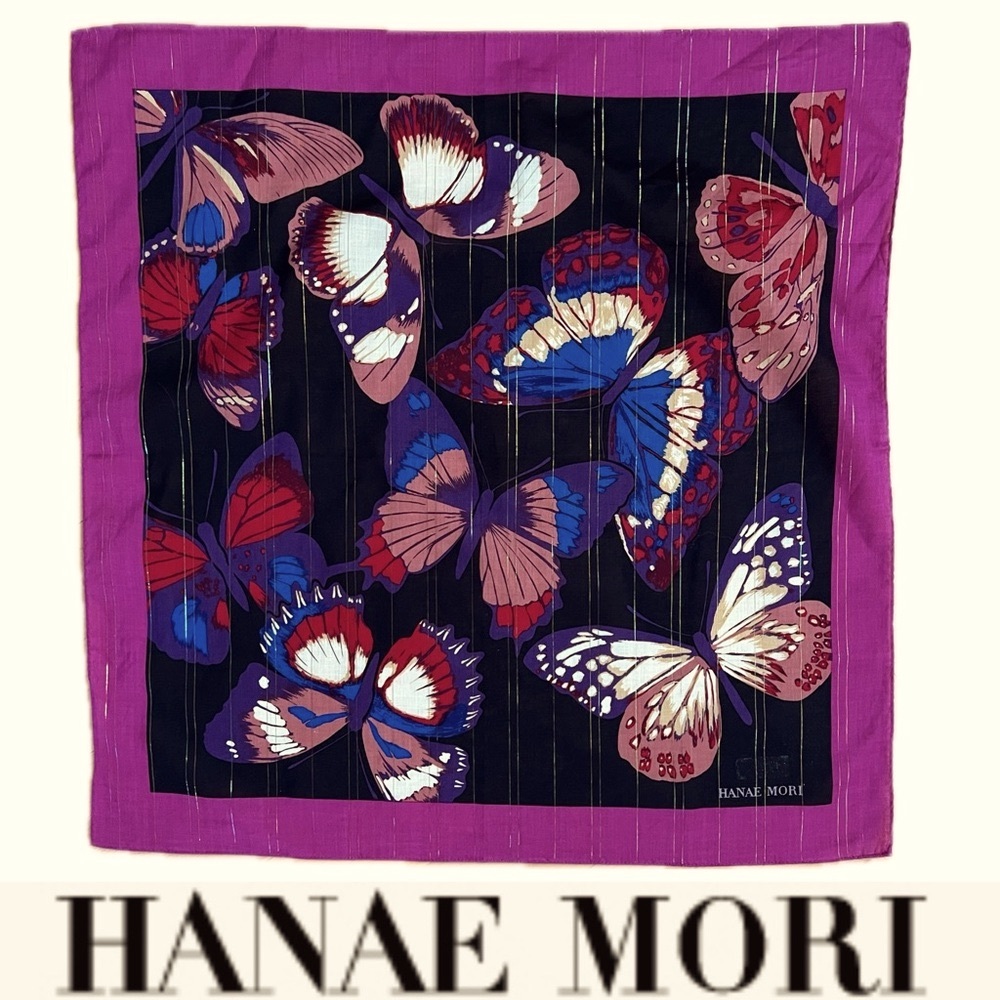 🦋Like New Vintage Butterfly Hanae Mori Scarf / Handkerchief | Metallic Stripes
